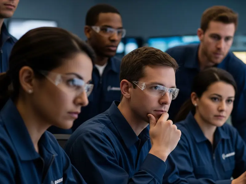 Aerospace technicians in hard hats inspecting an aircraft structure