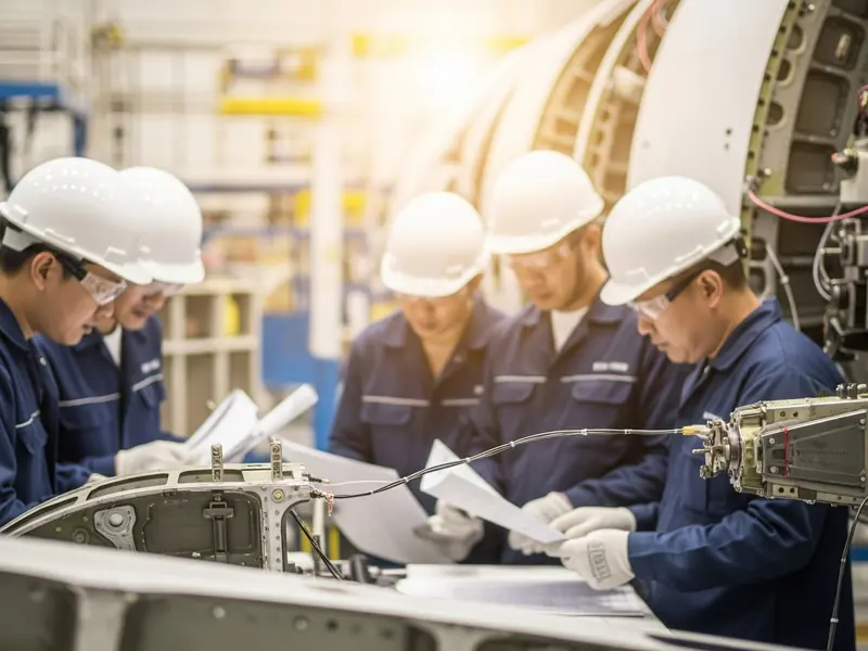 Aerospace technicians reviewing hazard identification on the shop floor