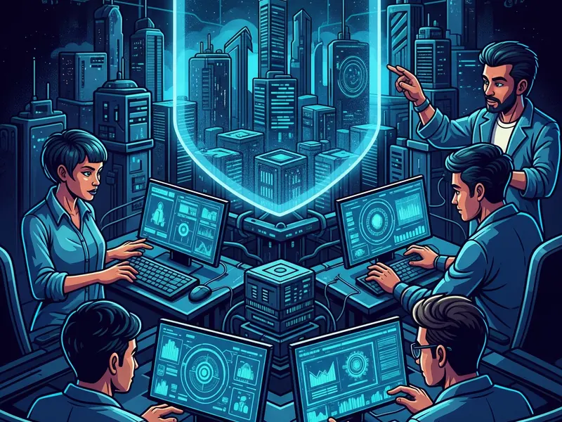 Engineers at workstations protected by a digital security shield, illustrating QMS information security