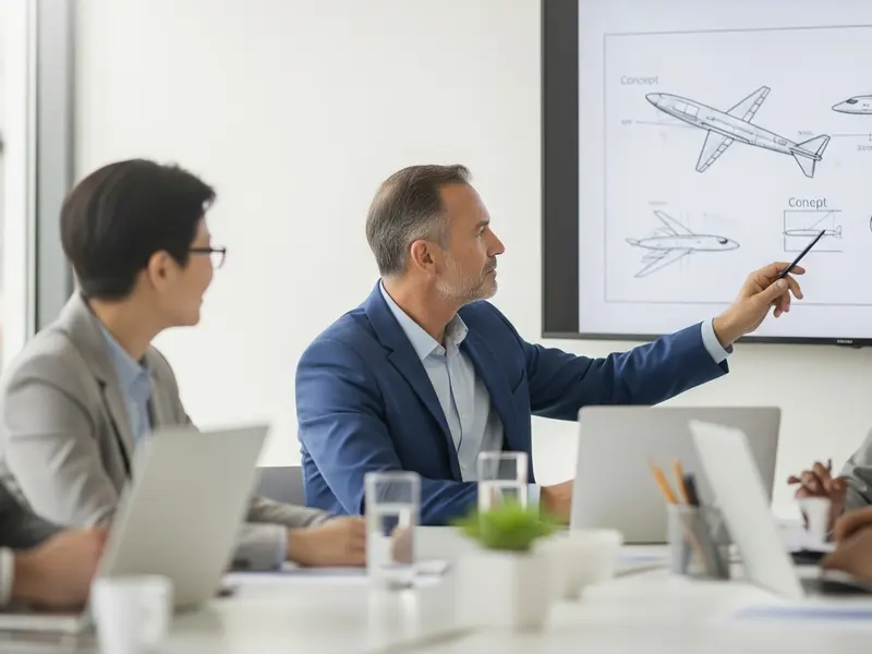 Aerospace leadership team reviewing quality objectives in a meeting room