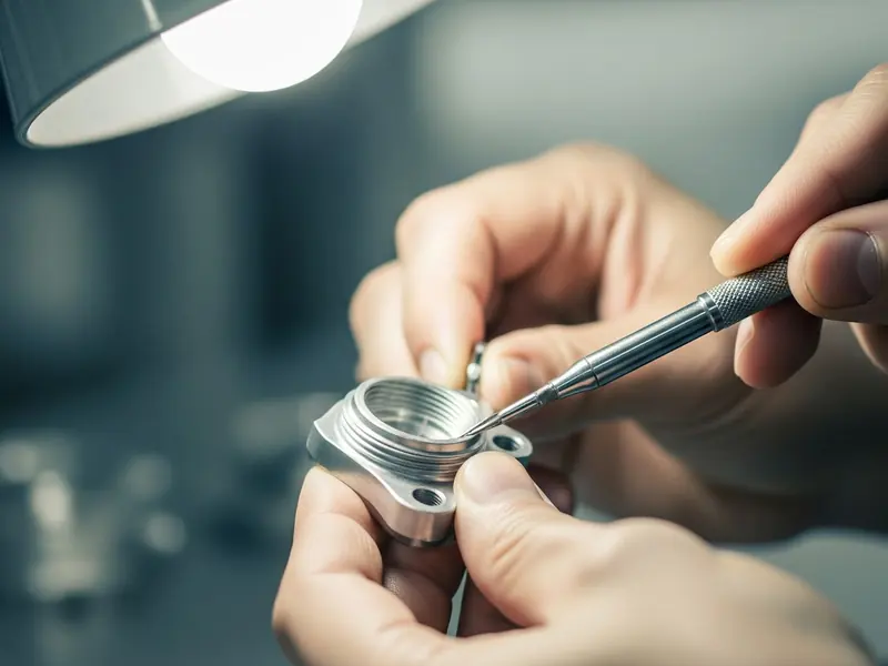Technician inspecting a precision aerospace component